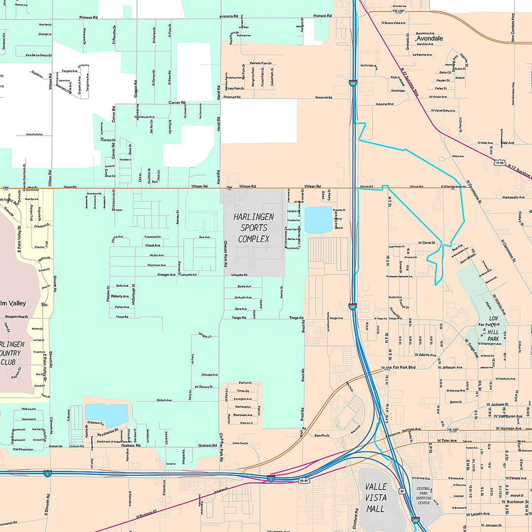 Premium Style Wall Map of Harlingen, TX