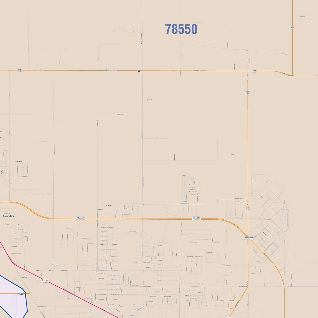 Color Cast Zip Code Style Wall Map of Harlingen, TX