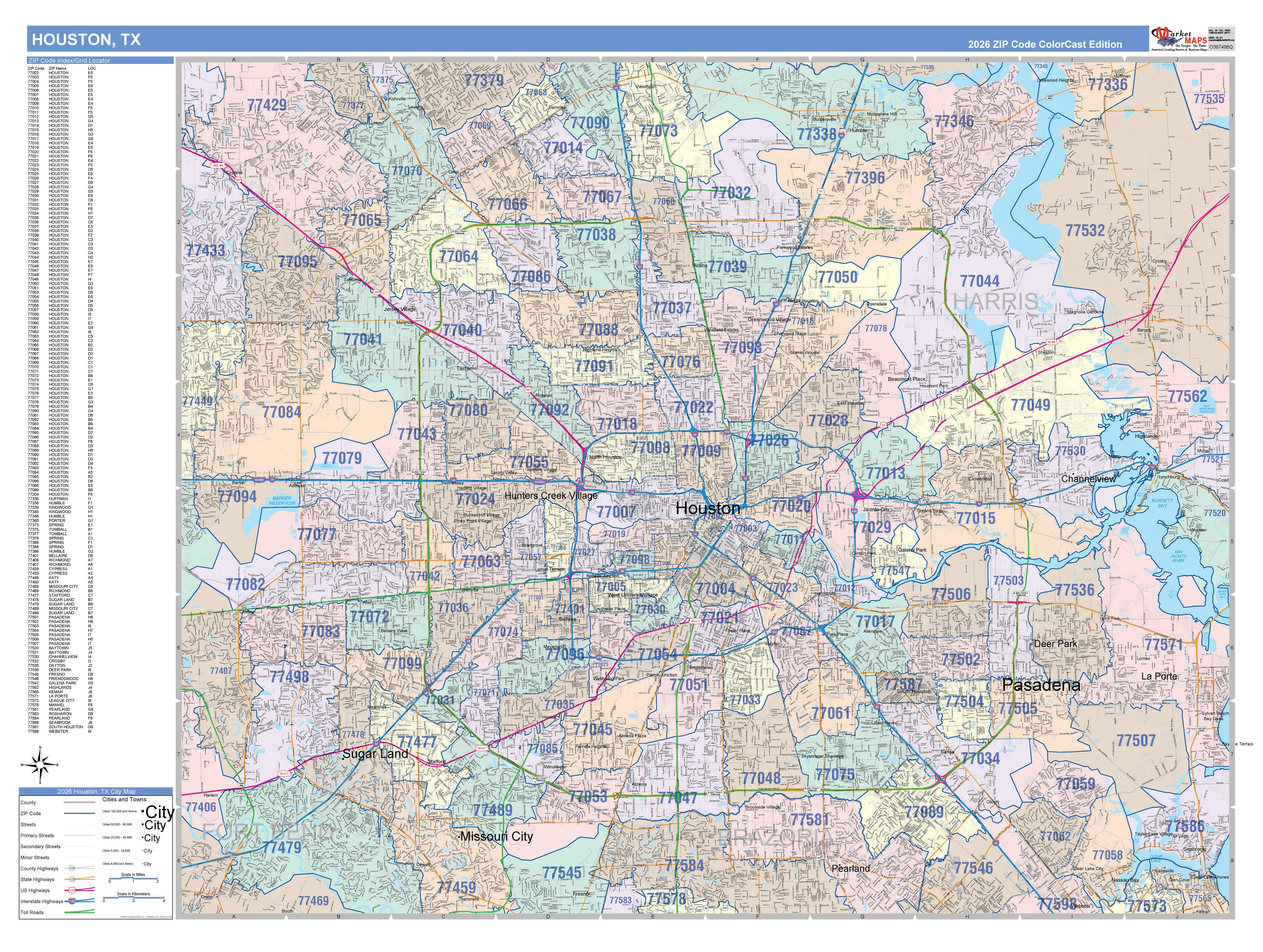 Printable Houston Zip Code Map Colorcast Zip Code Style Wall Map of Houston – American Map Store