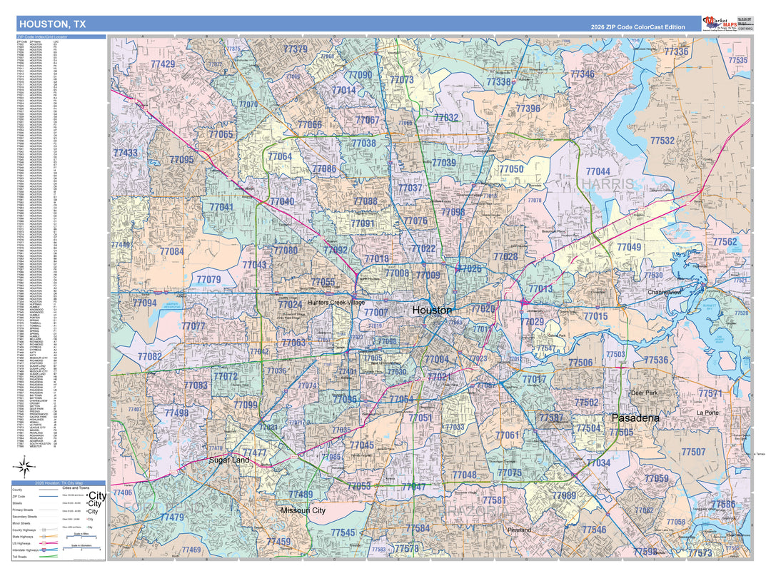 Colorcast Zip Code Style Wall Map of Houston