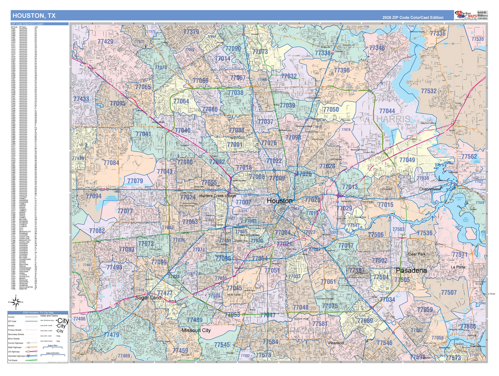 Colorcast Zip Code Style Wall Map of Houston