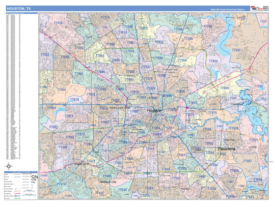 Colorcast Zip Code Style Wall Map of Houston – American Map Store