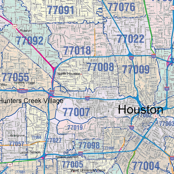 Colorcast Zip Code Style Wall Map of Houston