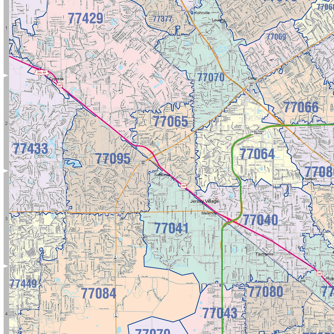 Colorcast Zip Code Style Wall Map of Houston