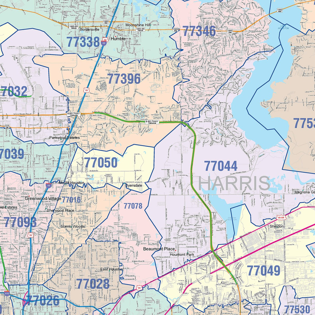 Colorcast Zip Code Style Wall Map of Houston