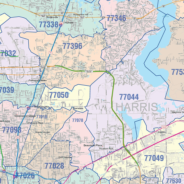 Colorcast Zip Code Style Wall Map of Houston