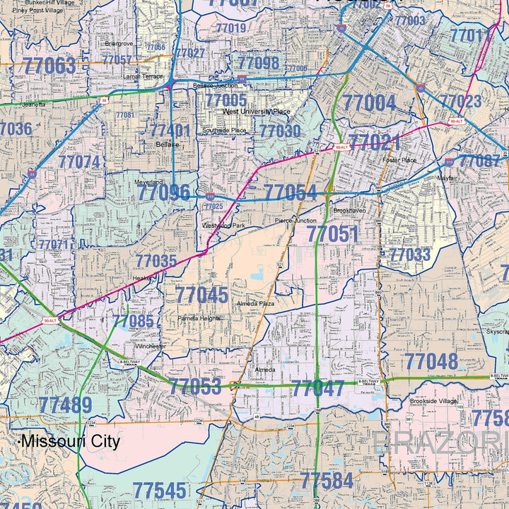 Colorcast Zip Code Style Wall Map of Houston