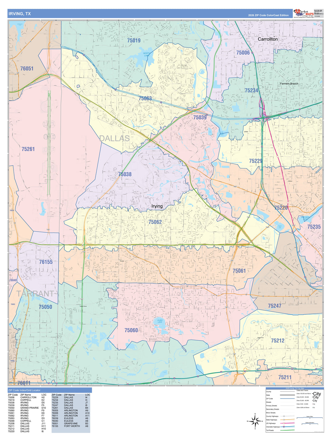 Color Cast Zip Code Style Wall Map of Irving, TX