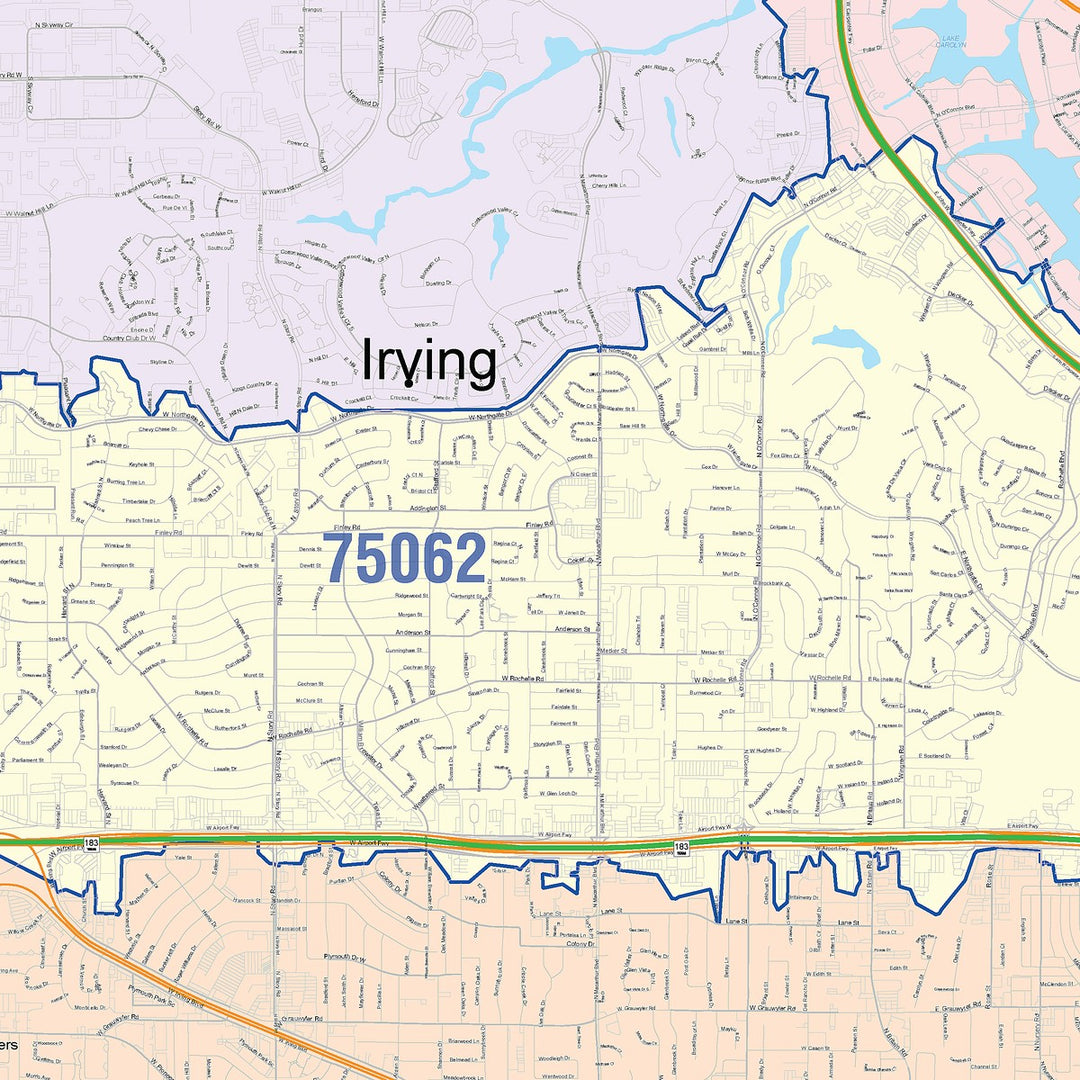 Color Cast Zip Code Style Wall Map of Irving, TX