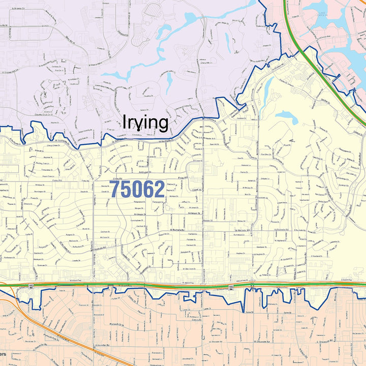 Color Cast Zip Code Style Wall Map of Irving, TX