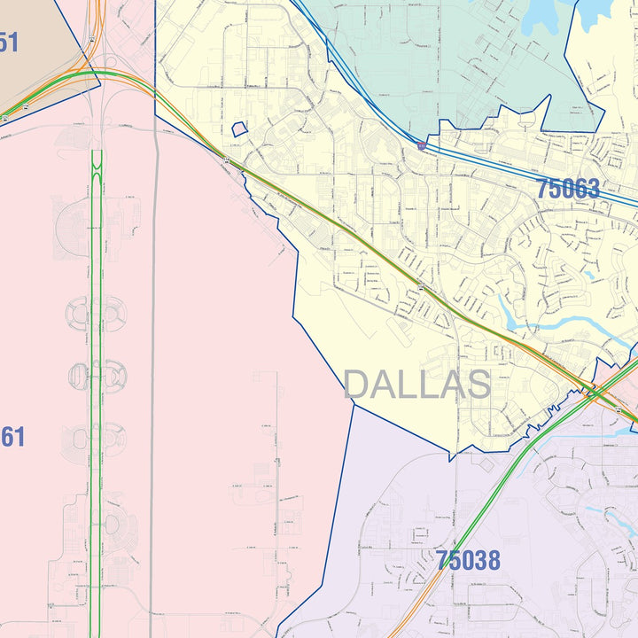 Color Cast Zip Code Style Wall Map of Irving, TX