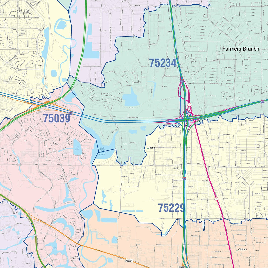 Color Cast Zip Code Style Wall Map of Irving, TX