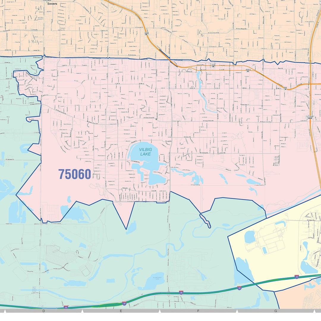 Color Cast Zip Code Style Wall Map of Irving, TX