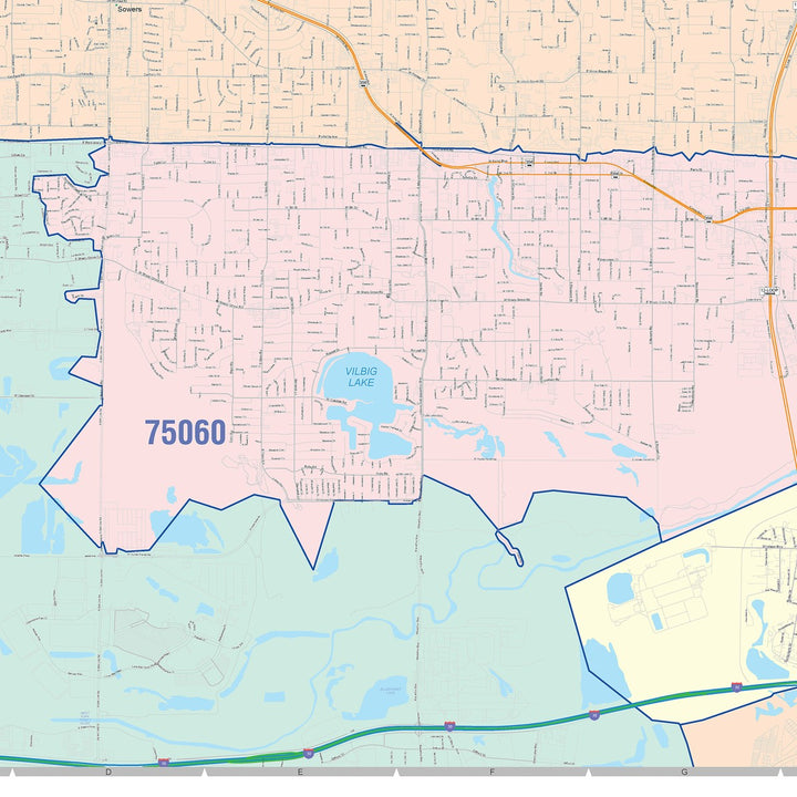 Color Cast Zip Code Style Wall Map of Irving, TX
