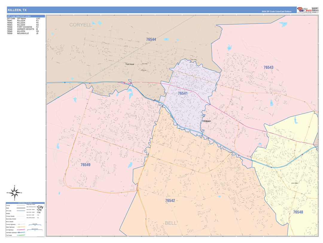 Color Cast Zip Code Style Wall Map of Killeen, TX