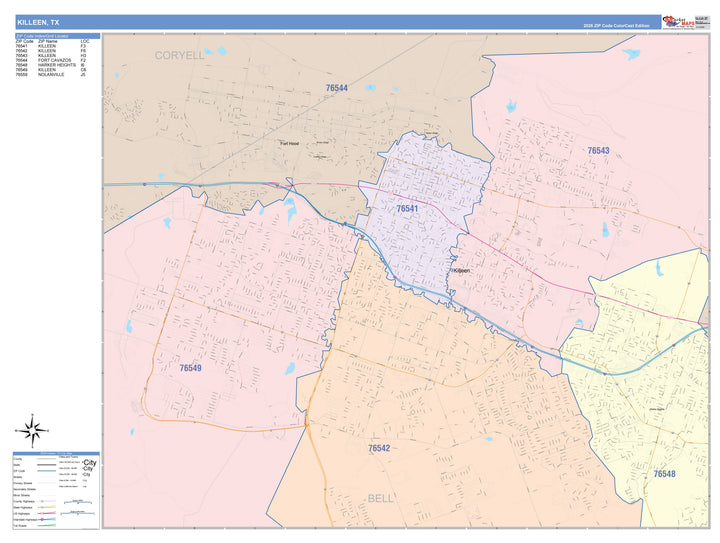 Color Cast Zip Code Style Wall Map of Killeen, TX