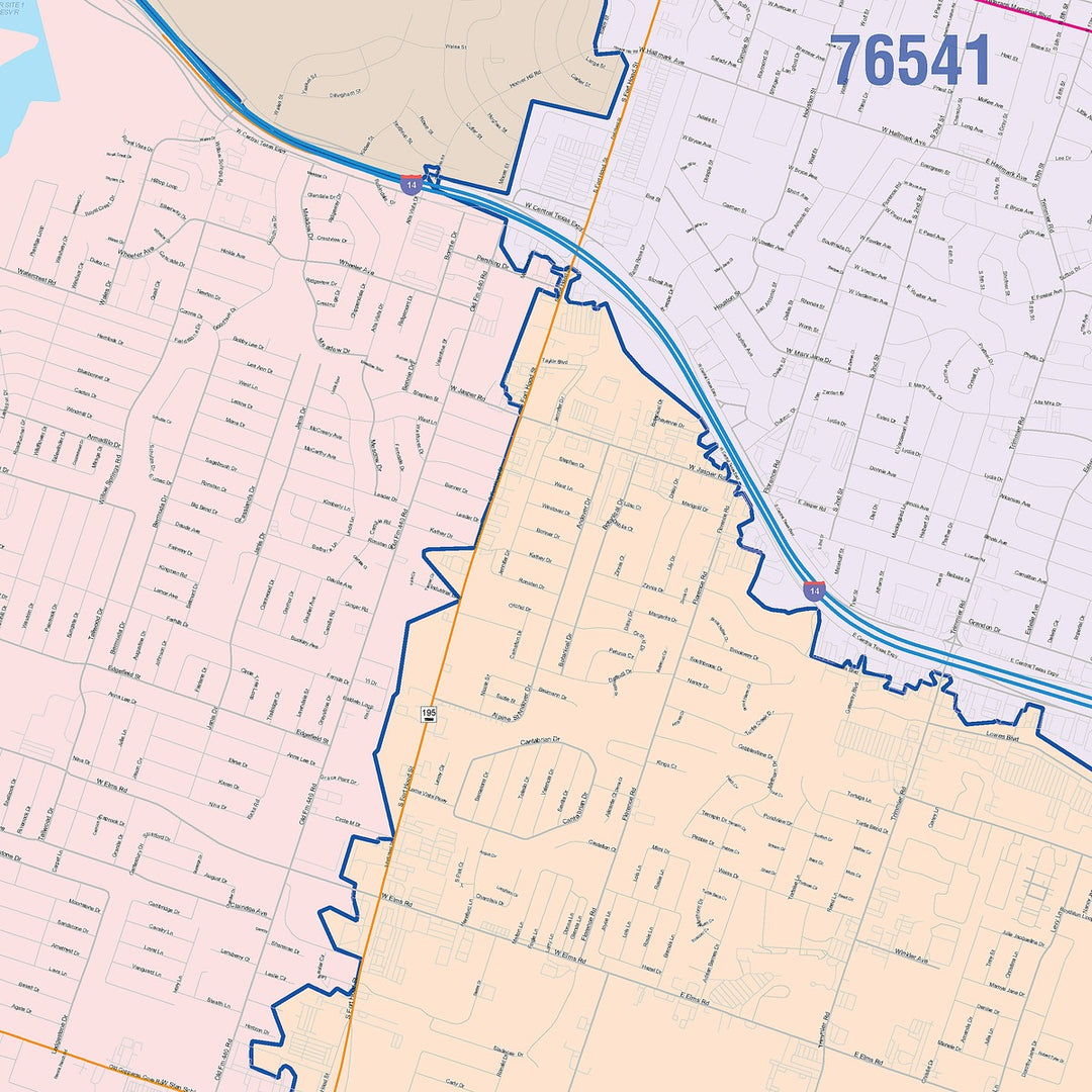Color Cast Zip Code Style Wall Map of Killeen, TX