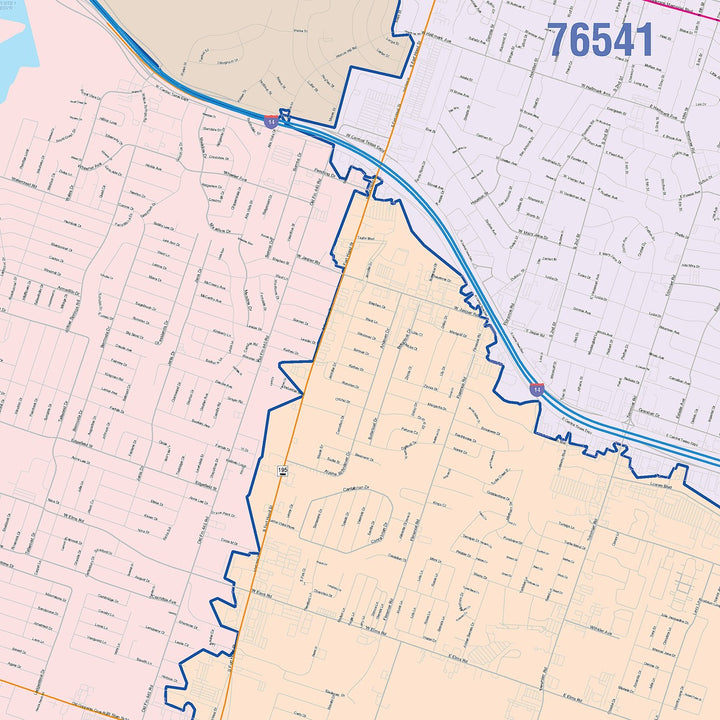 Color Cast Zip Code Style Wall Map of Killeen, TX