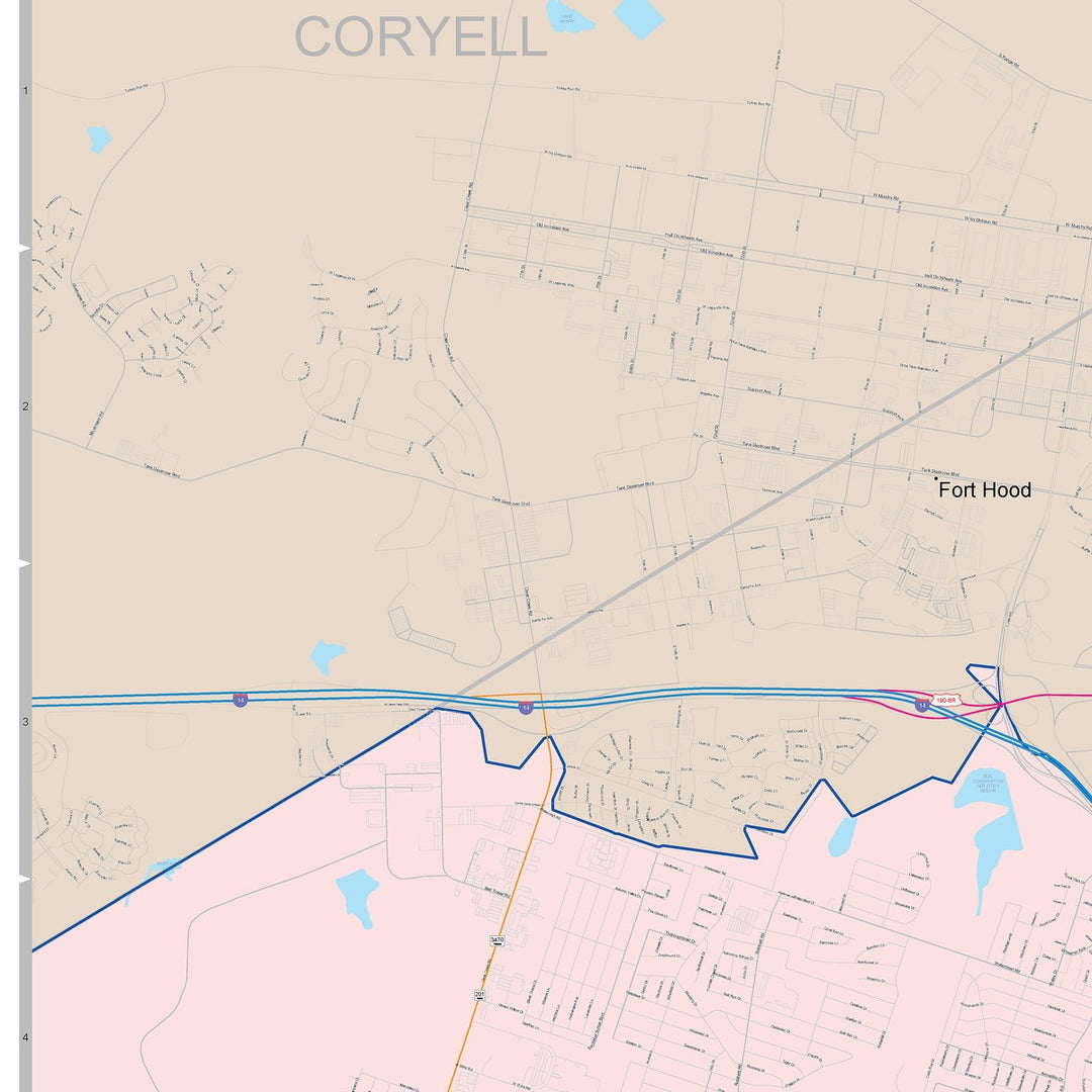 Color Cast Zip Code Style Wall Map of Killeen, TX