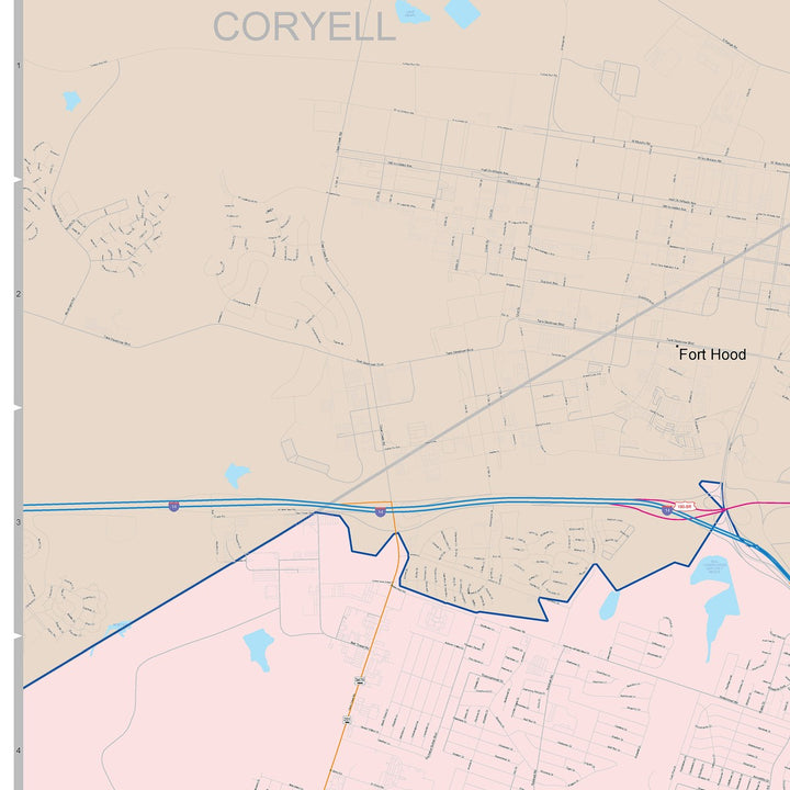 Color Cast Zip Code Style Wall Map of Killeen, TX