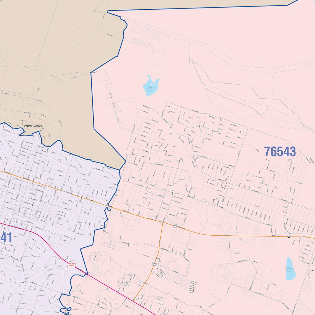 Color Cast Zip Code Style Wall Map of Killeen, TX