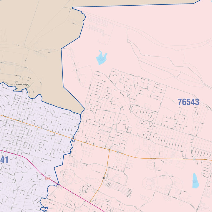 Color Cast Zip Code Style Wall Map of Killeen, TX