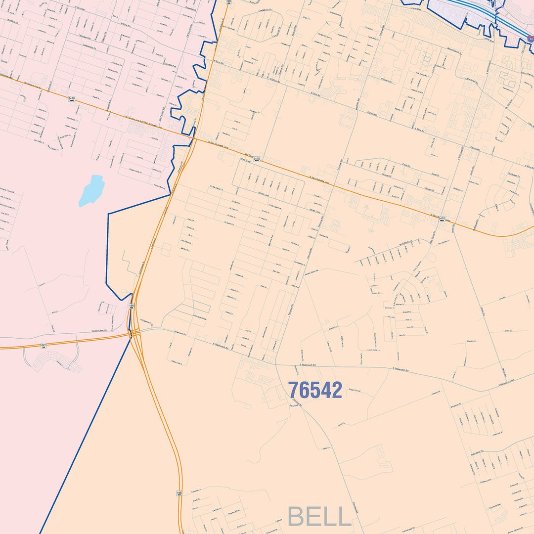 Color Cast Zip Code Style Wall Map of Killeen, TX