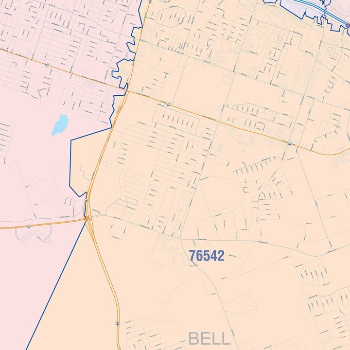Color Cast Zip Code Style Wall Map of Killeen, TX