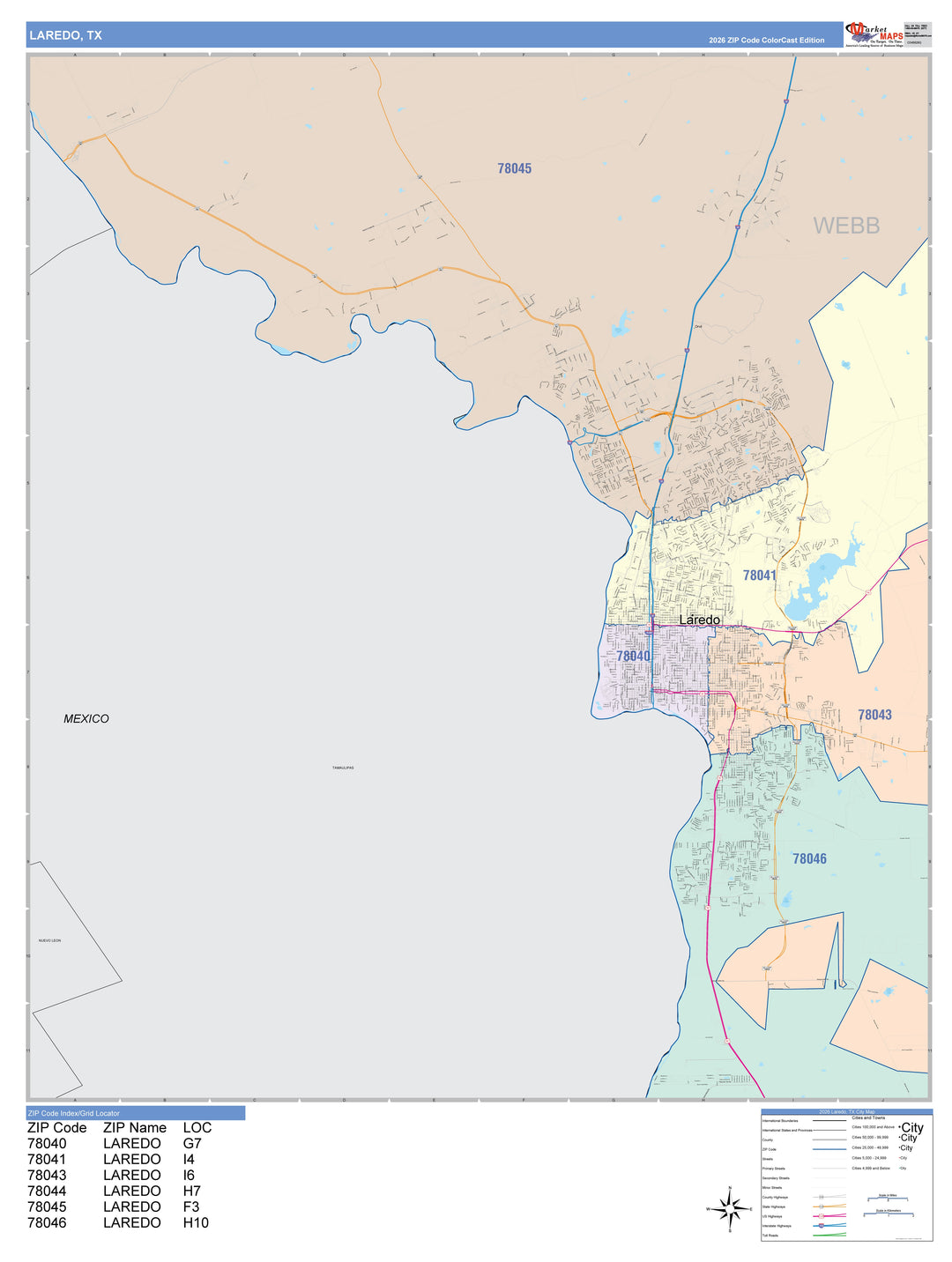Color Cast Zip Code Style Wall Map of Laredo, TX
