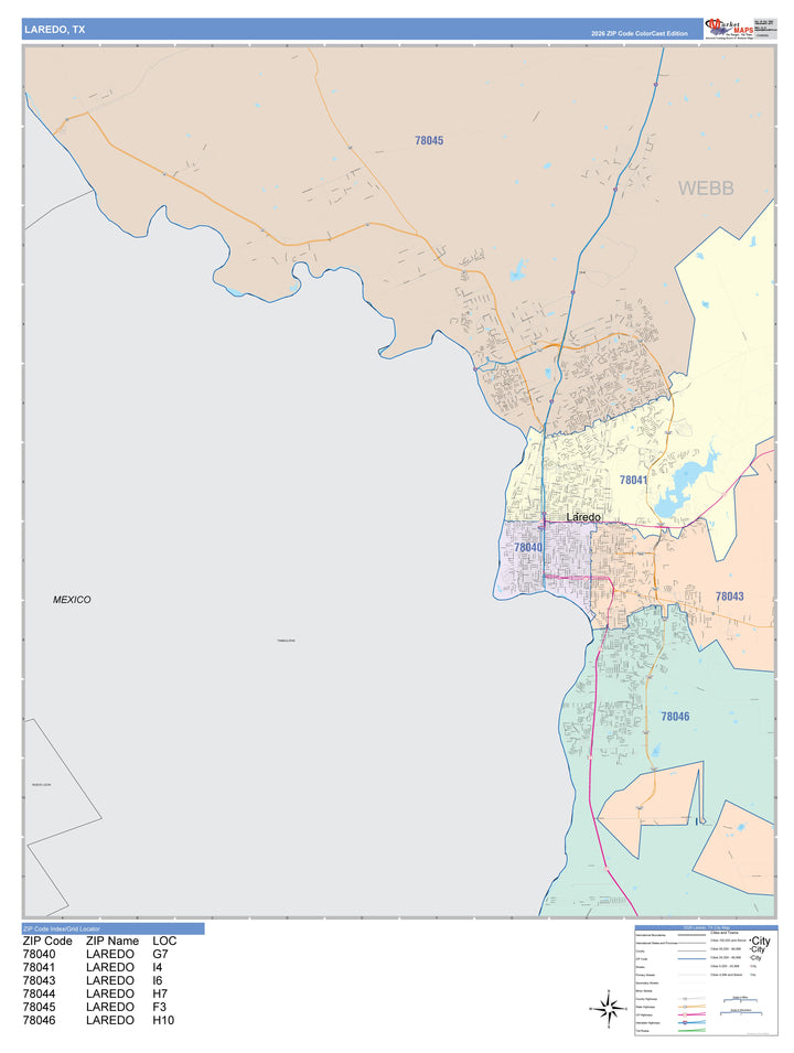 Color Cast Zip Code Style Wall Map of Laredo, TX