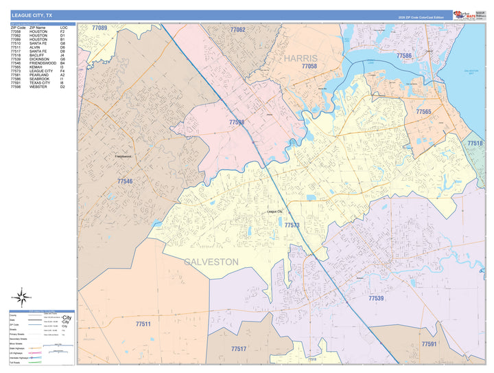 Color Cast Zip Code Style Wall Map of League City, TX