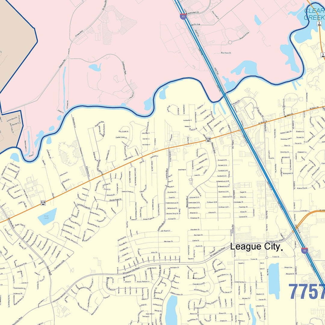 Color Cast Zip Code Style Wall Map of League City, TX