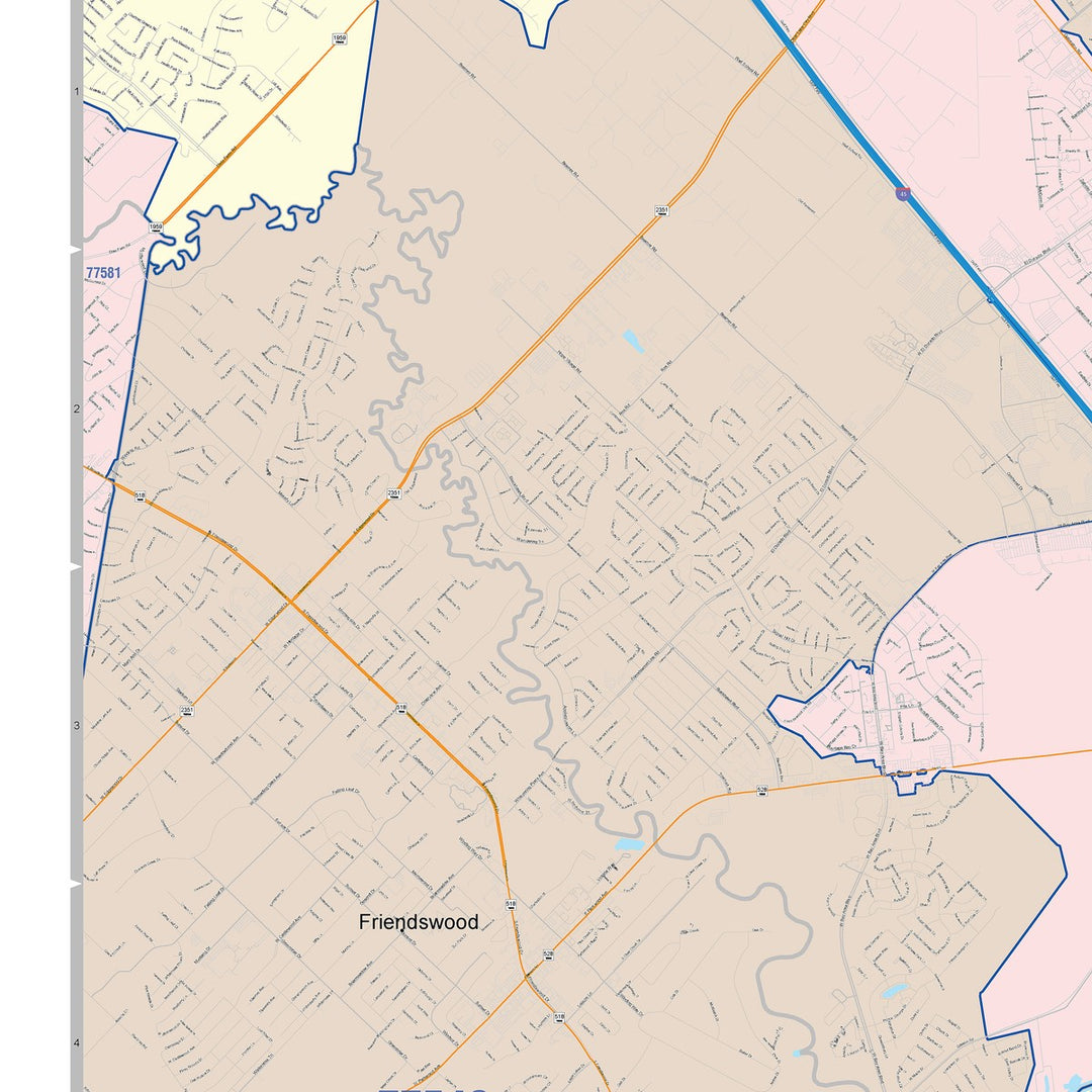Color Cast Zip Code Style Wall Map of League City, TX
