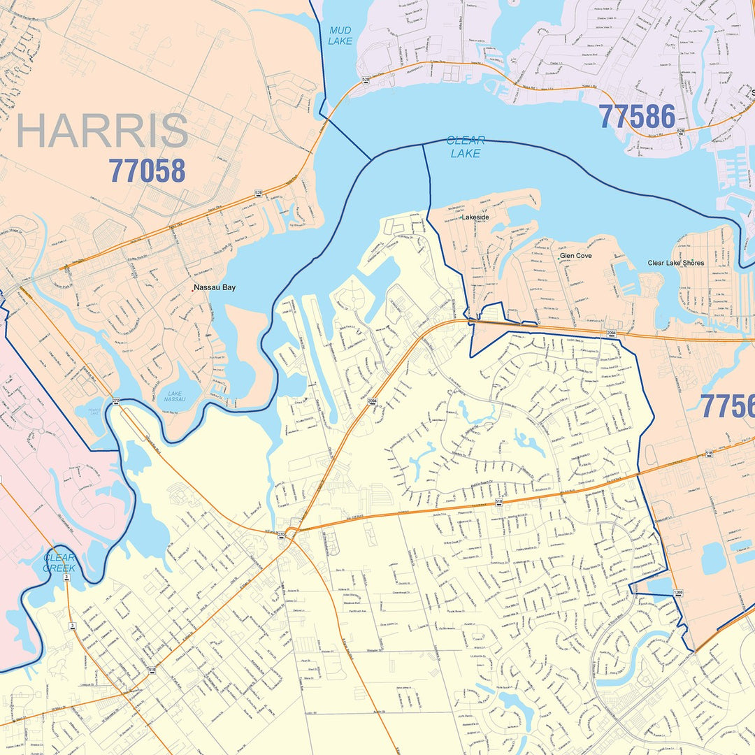 Color Cast Zip Code Style Wall Map of League City, TX