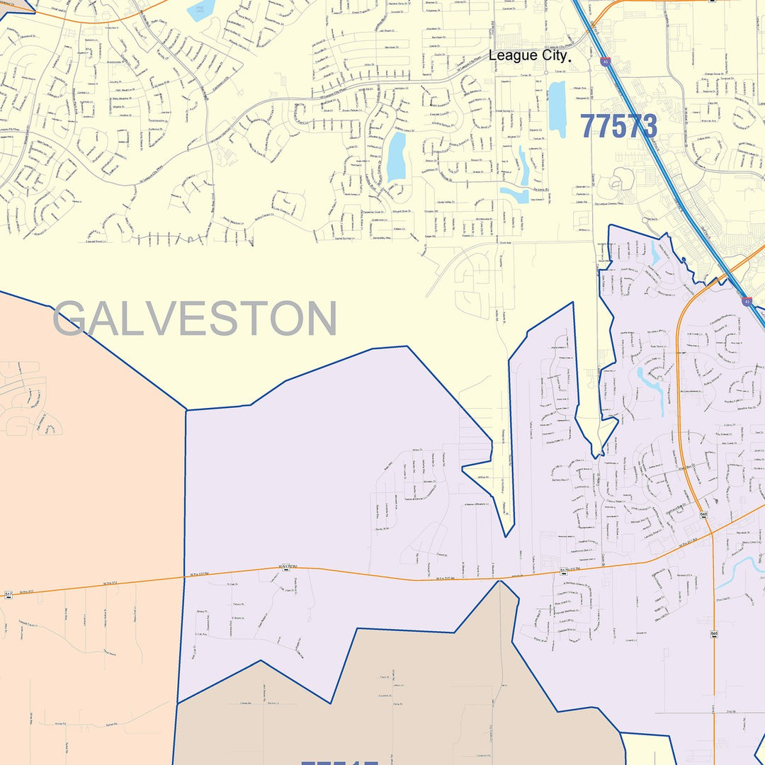Color Cast Zip Code Style Wall Map of League City, TX