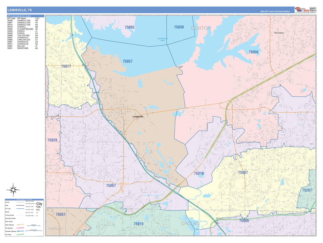 Color Cast Zip Code Style Wall Map of Lewisville, TX