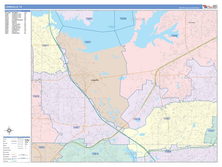 Color Cast Zip Code Style Wall Map of Lewisville, TX