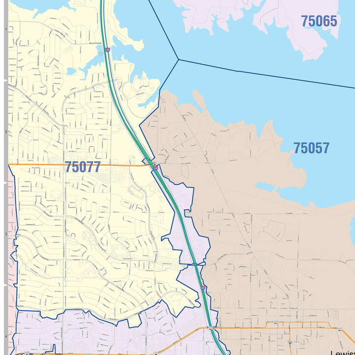Color Cast Zip Code Style Wall Map of Lewisville, TX