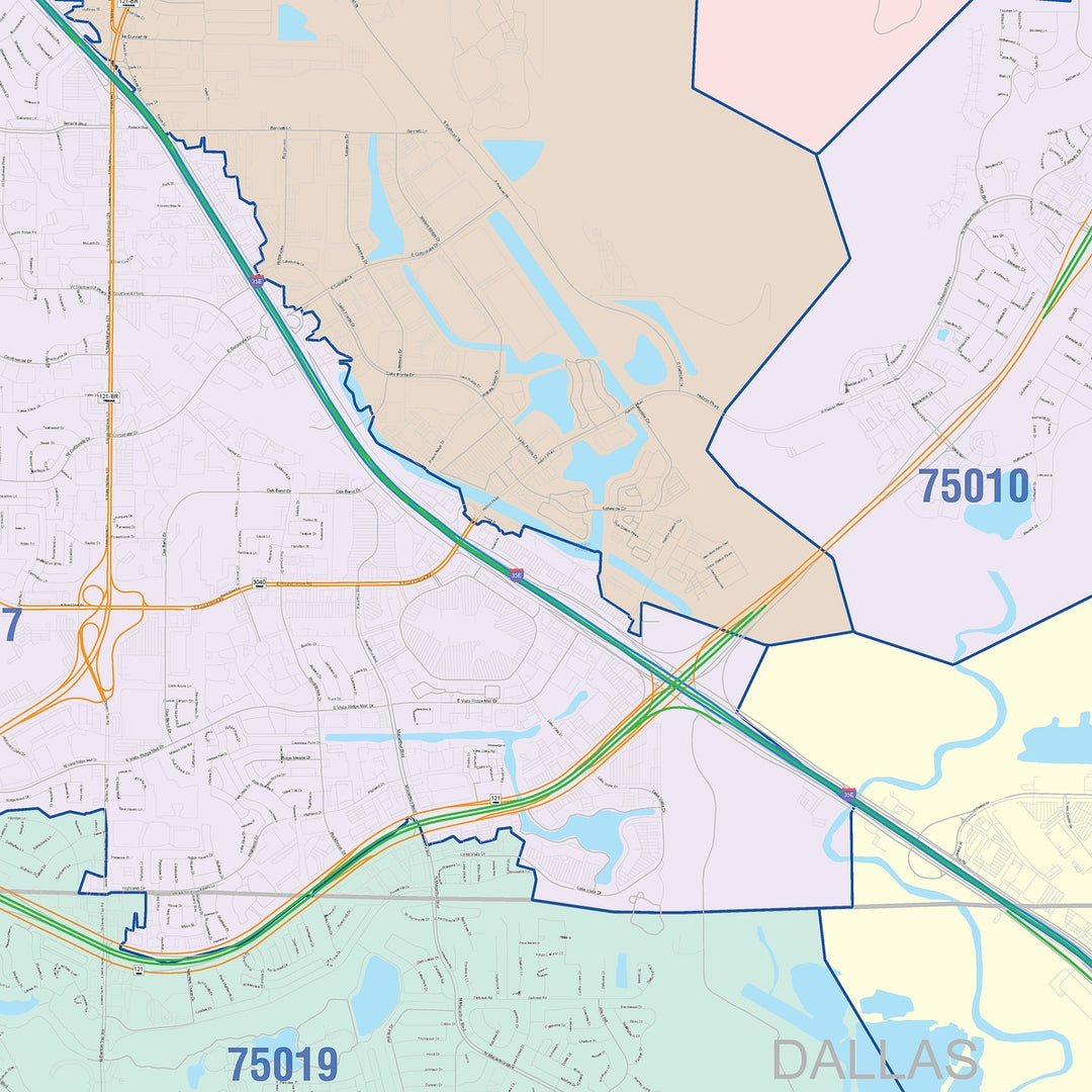 Color Cast Zip Code Style Wall Map of Lewisville, TX
