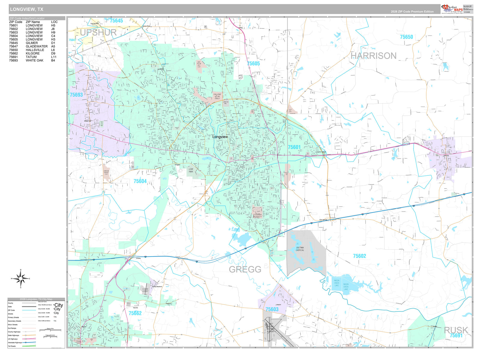 Premium Style Wall Map of Longview, TX