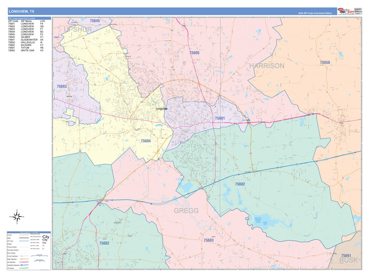 Color Cast Zip Code Style Wall Map of Longview, TX