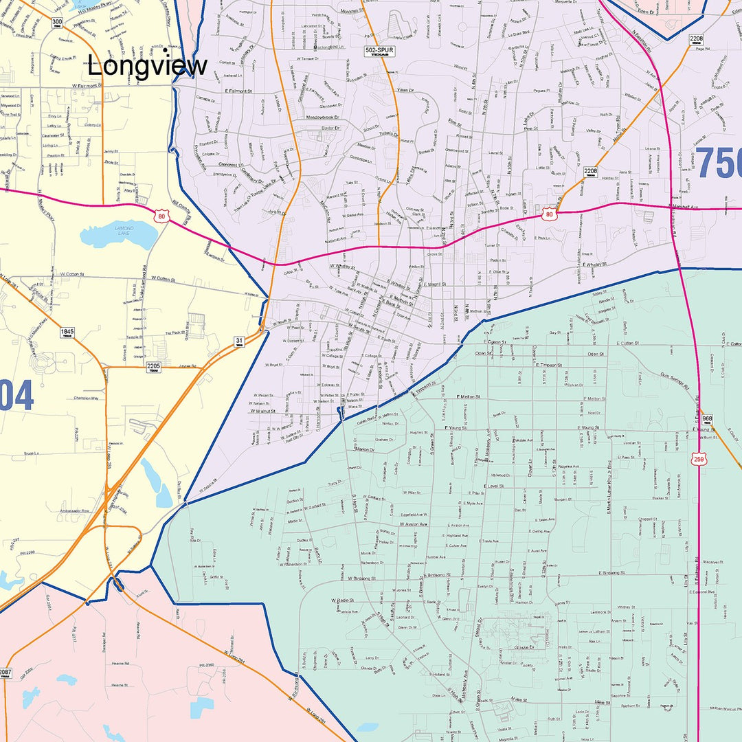 Color Cast Zip Code Style Wall Map of Longview, TX