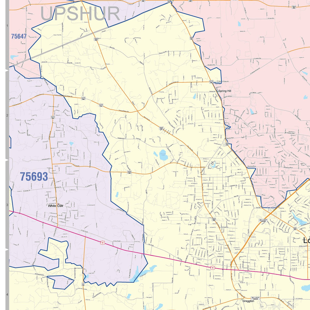 Color Cast Zip Code Style Wall Map of Longview, TX