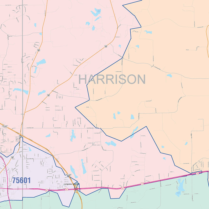 Color Cast Zip Code Style Wall Map of Longview, TX