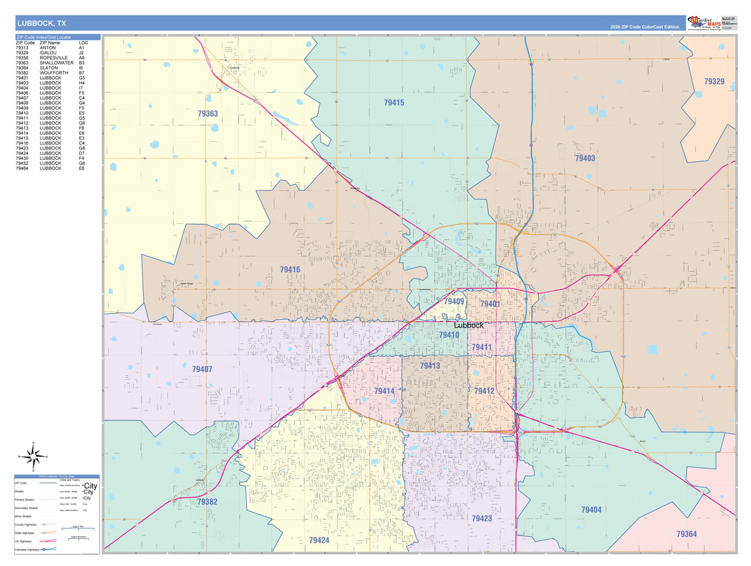 Color Cast Zip Code Style Wall Map of Lubbock, TX