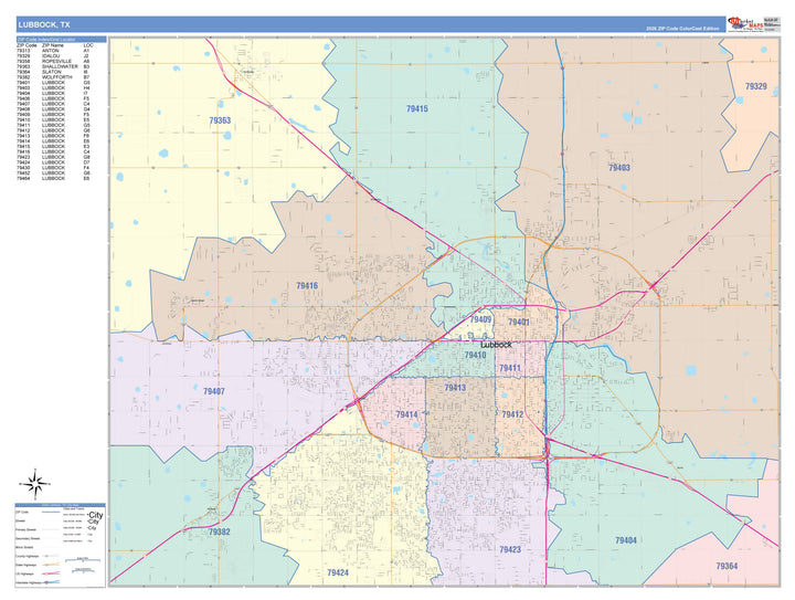 Color Cast Zip Code Style Wall Map of Lubbock, TX