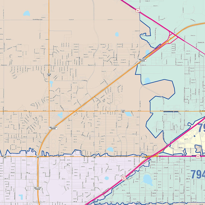 Color Cast Zip Code Style Wall Map of Lubbock, TX