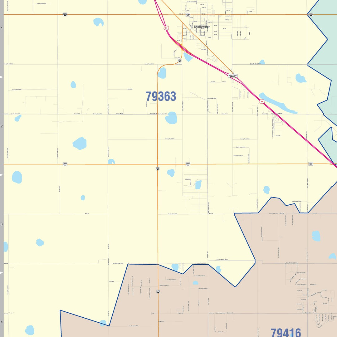 Color Cast Zip Code Style Wall Map of Lubbock, TX