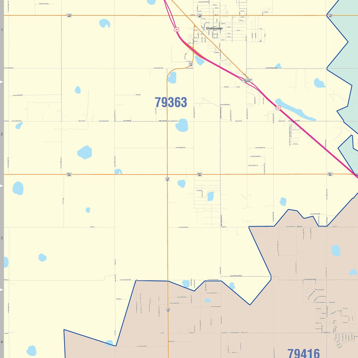 Color Cast Zip Code Style Wall Map of Lubbock, TX