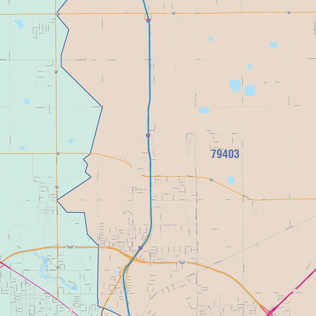 Color Cast Zip Code Style Wall Map of Lubbock, TX
